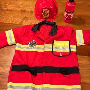 Fire Chief costume with reflective jacket. Hat.fire extinguisher ages 3-6